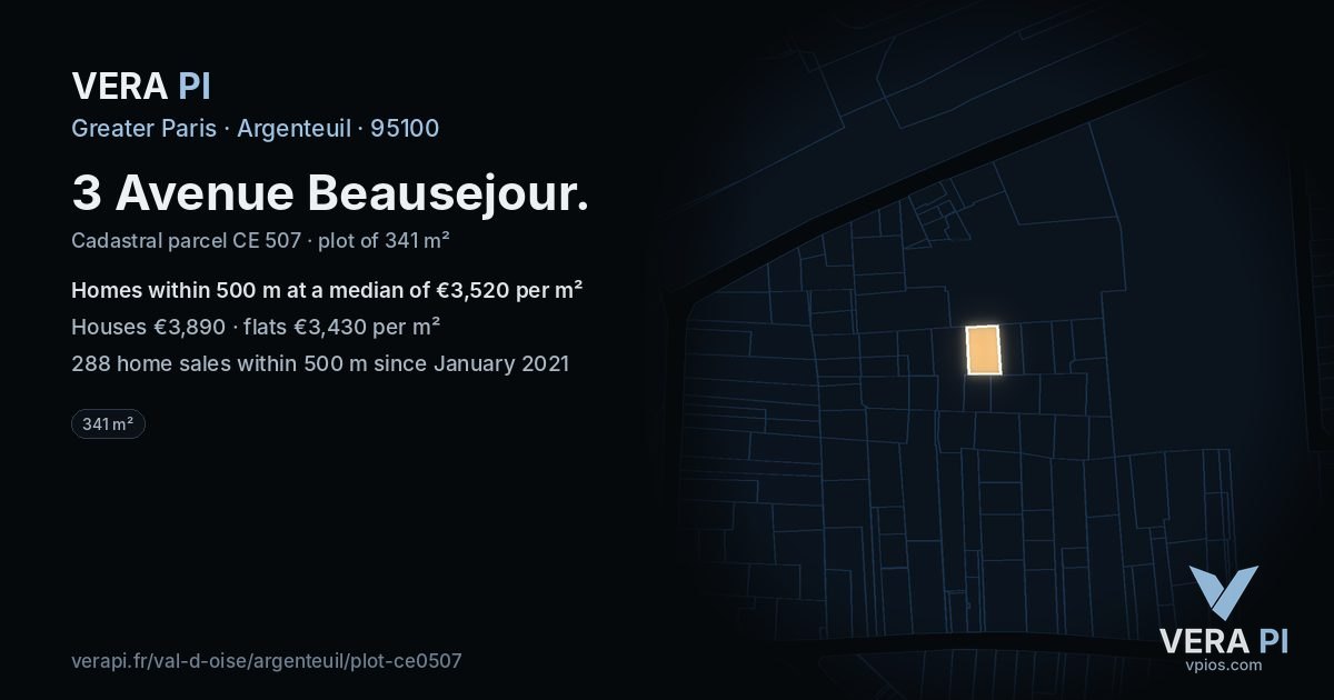 3 Avenue Beausejour, Argenteuil at night – the plot lit, the parcels around coloured by the prices near them