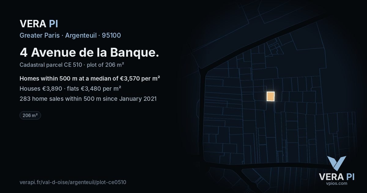 4 Avenue de la Banque, Argenteuil at night – the plot lit, the parcels around coloured by the prices near them