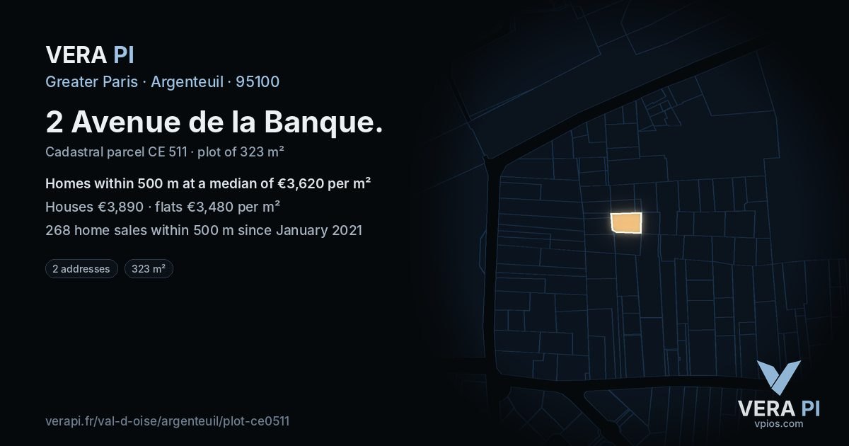 2 Avenue de la Banque, Argenteuil at night – the plot lit, the parcels around coloured by the prices near them