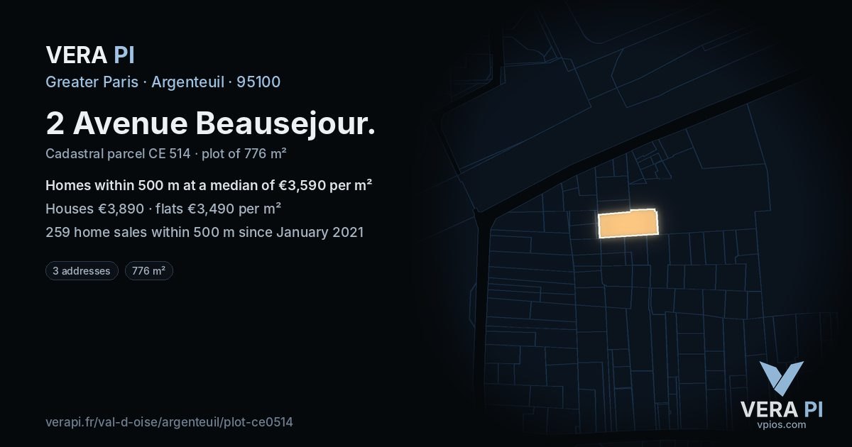 2 Avenue Beausejour, Argenteuil at night – the plot lit, the parcels around coloured by the prices near them