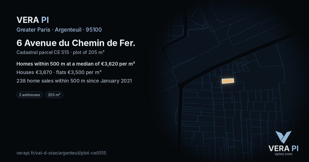 6 Avenue du Chemin de Fer, Argenteuil at night – the plot lit, the parcels around coloured by the prices near them