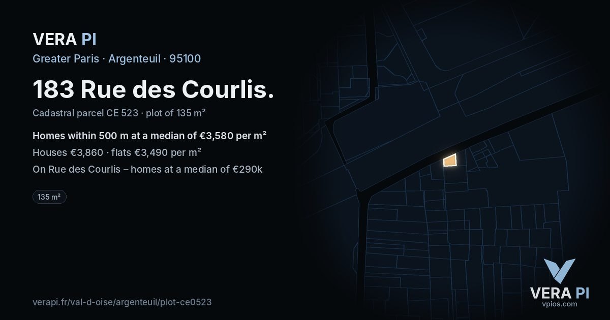 183 Rue des Courlis, Argenteuil at night – the plot lit, the parcels around coloured by the prices near them