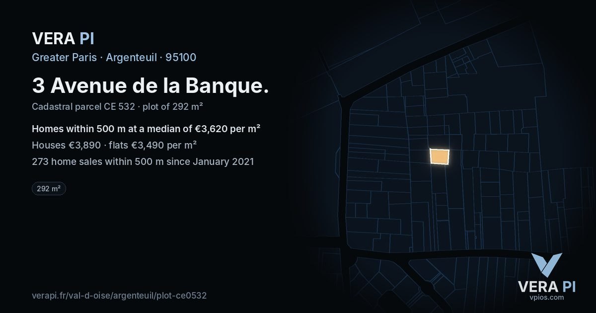 3 Avenue de la Banque, Argenteuil at night – the plot lit, the parcels around coloured by the prices near them