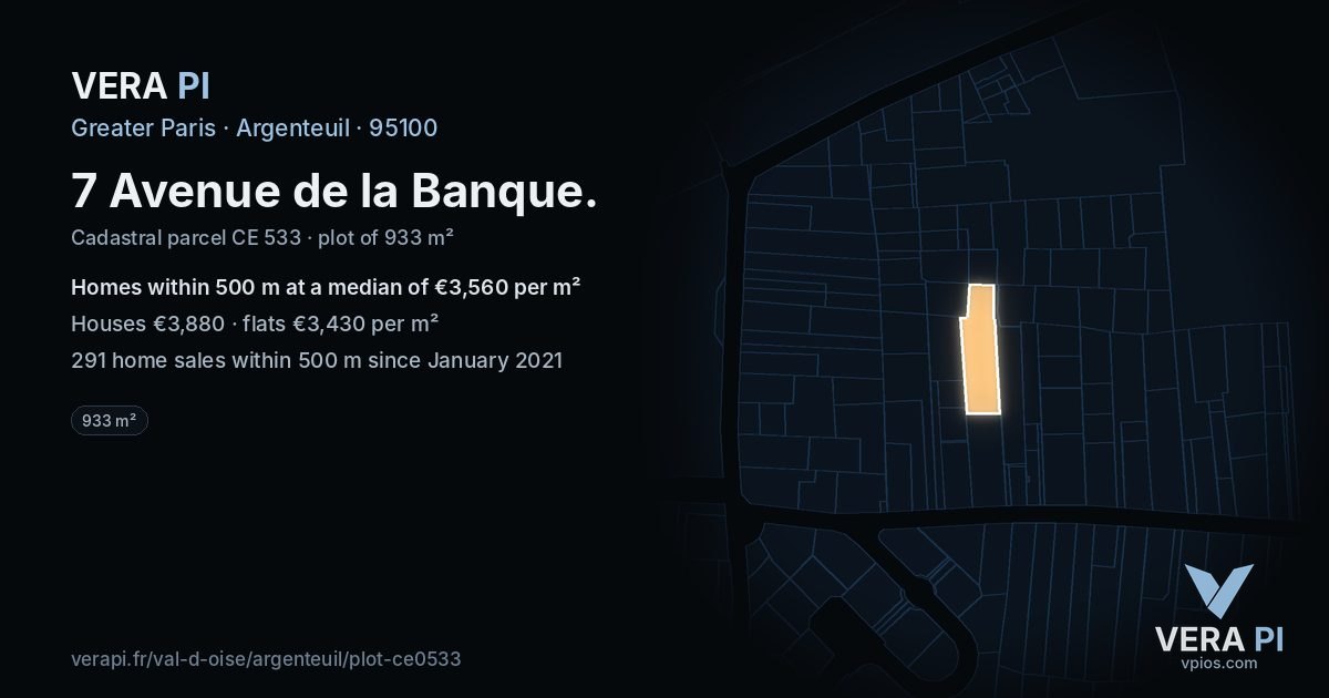 7 Avenue de la Banque, Argenteuil at night – the plot lit, the parcels around coloured by the prices near them