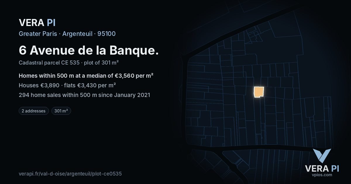 6 Avenue de la Banque, Argenteuil at night – the plot lit, the parcels around coloured by the prices near them
