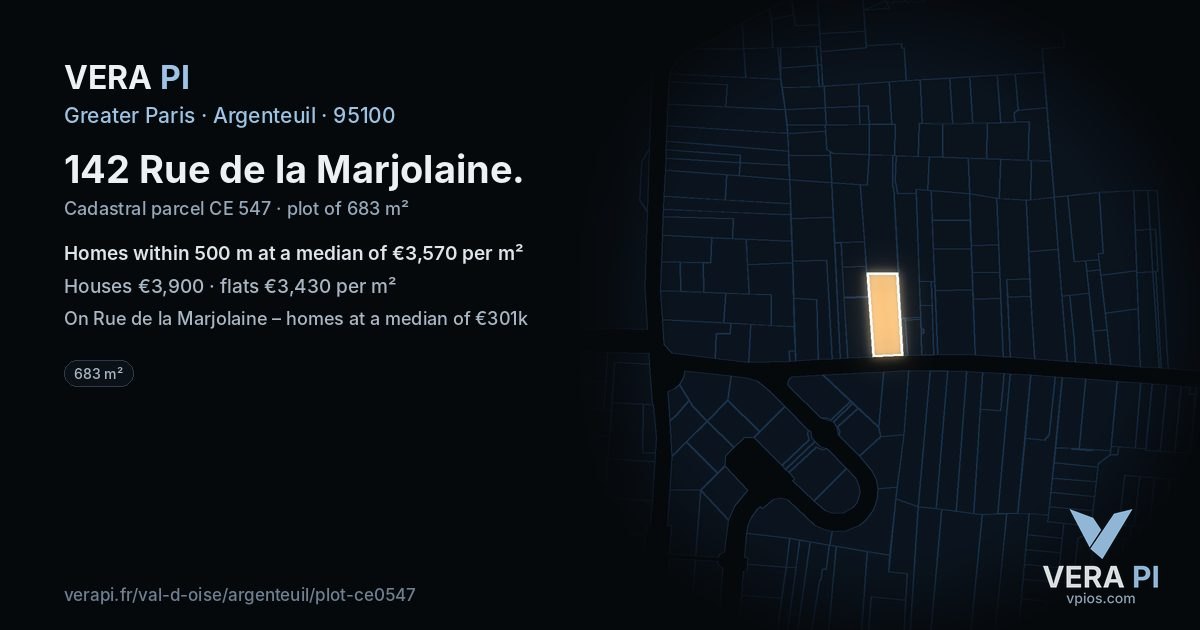 142 Rue de la Marjolaine, Argenteuil at night – the plot lit, the parcels around coloured by the prices near them