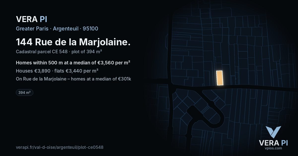 144 Rue de la Marjolaine, Argenteuil at night – the plot lit, the parcels around coloured by the prices near them