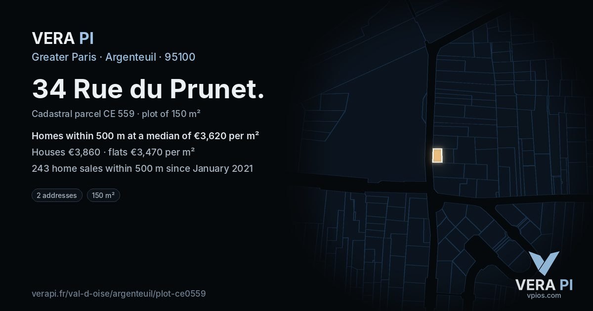 34 Rue du Prunet, Argenteuil at night – the plot lit, the parcels around coloured by the prices near them