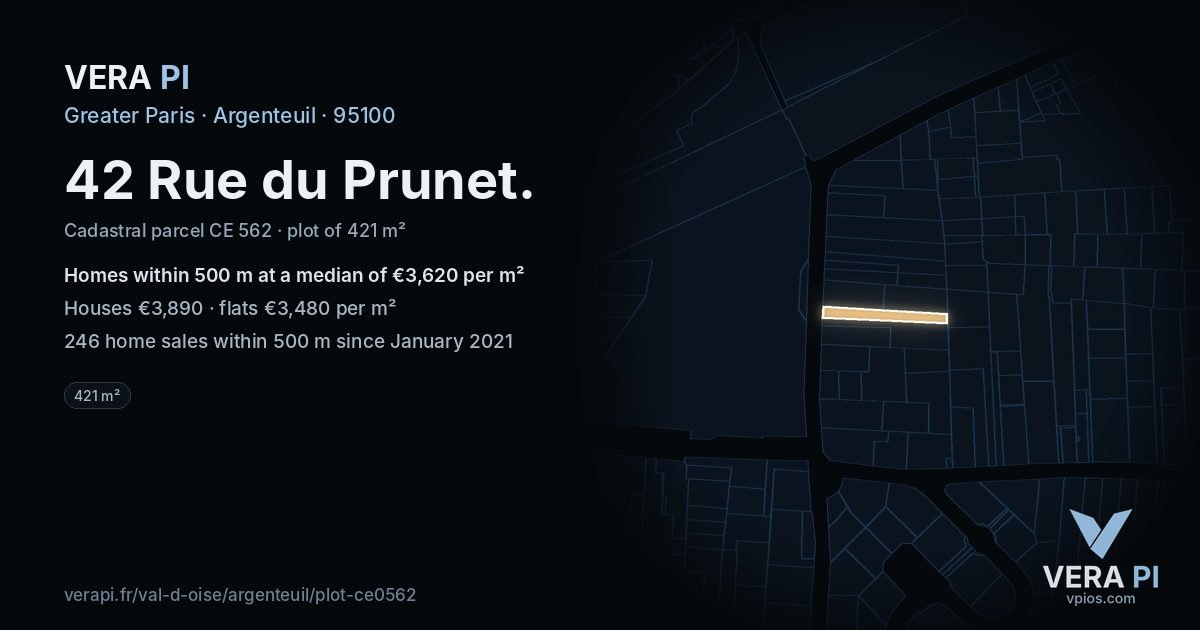 42 Rue du Prunet, Argenteuil at night – the plot lit, the parcels around coloured by the prices near them