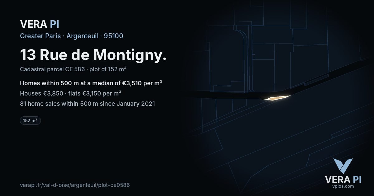 13 Rue de Montigny, Argenteuil at night – the plot lit, the parcels around coloured by the prices near them