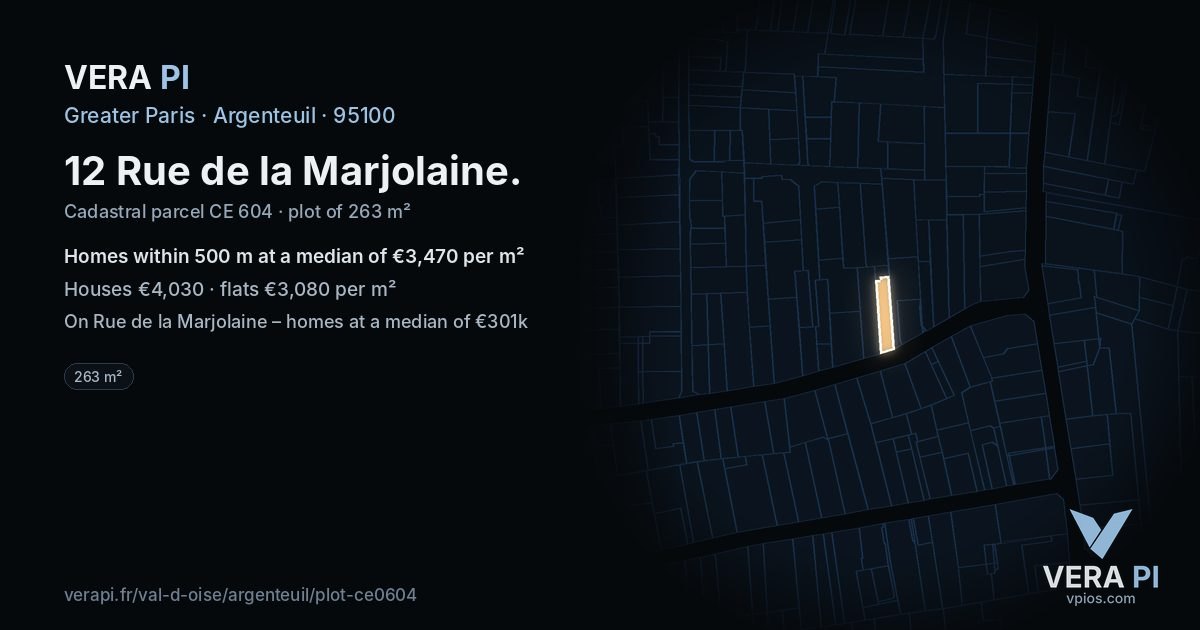 12 Rue de la Marjolaine, Argenteuil at night – the plot lit, the parcels around coloured by the prices near them