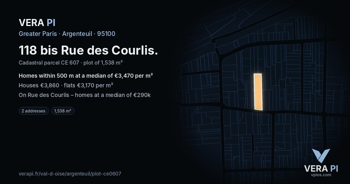 118 bis Rue des Courlis, Argenteuil at night – the plot lit, the parcels around coloured by the prices near them