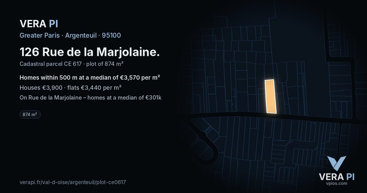 126 Rue de la Marjolaine, Argenteuil at night – the plot lit, the parcels around coloured by the prices near them