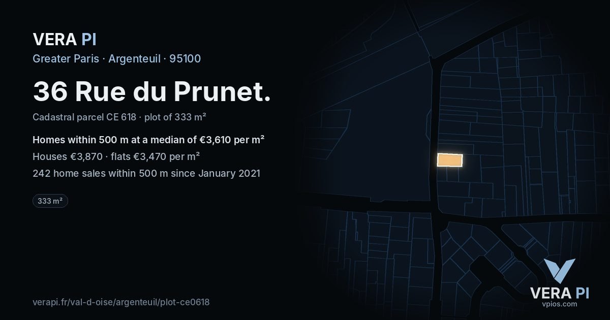 36 Rue du Prunet, Argenteuil at night – the plot lit, the parcels around coloured by the prices near them