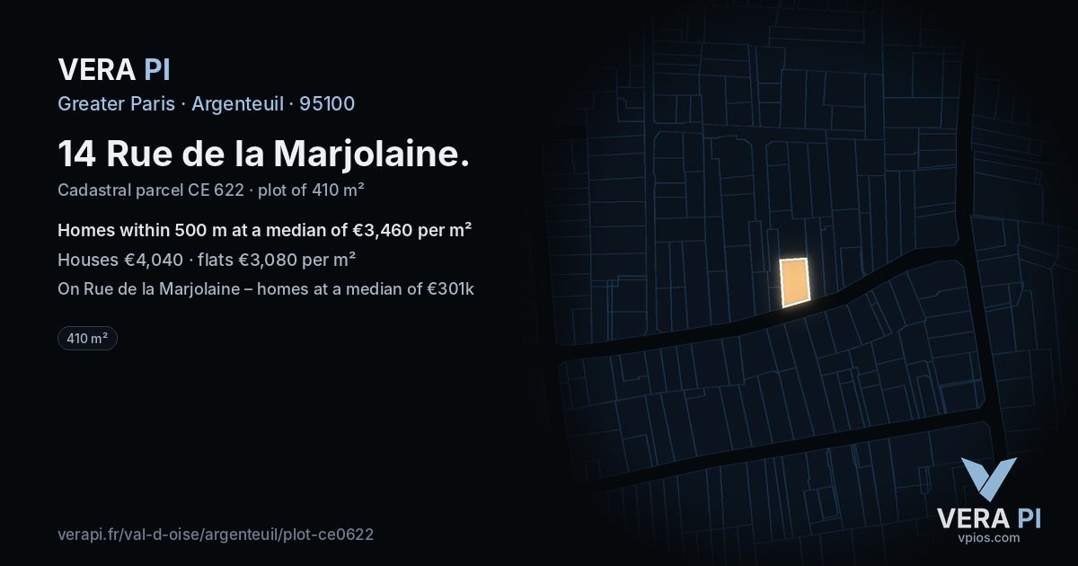14 Rue de la Marjolaine, Argenteuil at night – the plot lit, the parcels around coloured by the prices near them