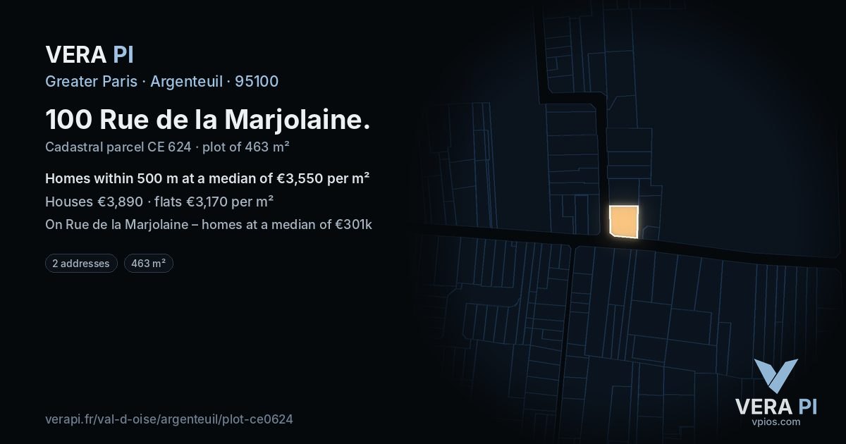 100 Rue de la Marjolaine, Argenteuil at night – the plot lit, the parcels around coloured by the prices near them