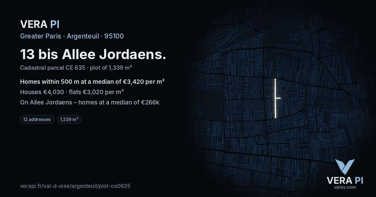 13 bis Allee Jordaens, Argenteuil at night – the plot lit, the parcels around coloured by the prices near them