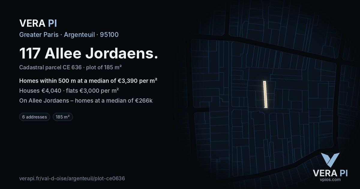 117 Allee Jordaens, Argenteuil at night – the plot lit, the parcels around coloured by the prices near them