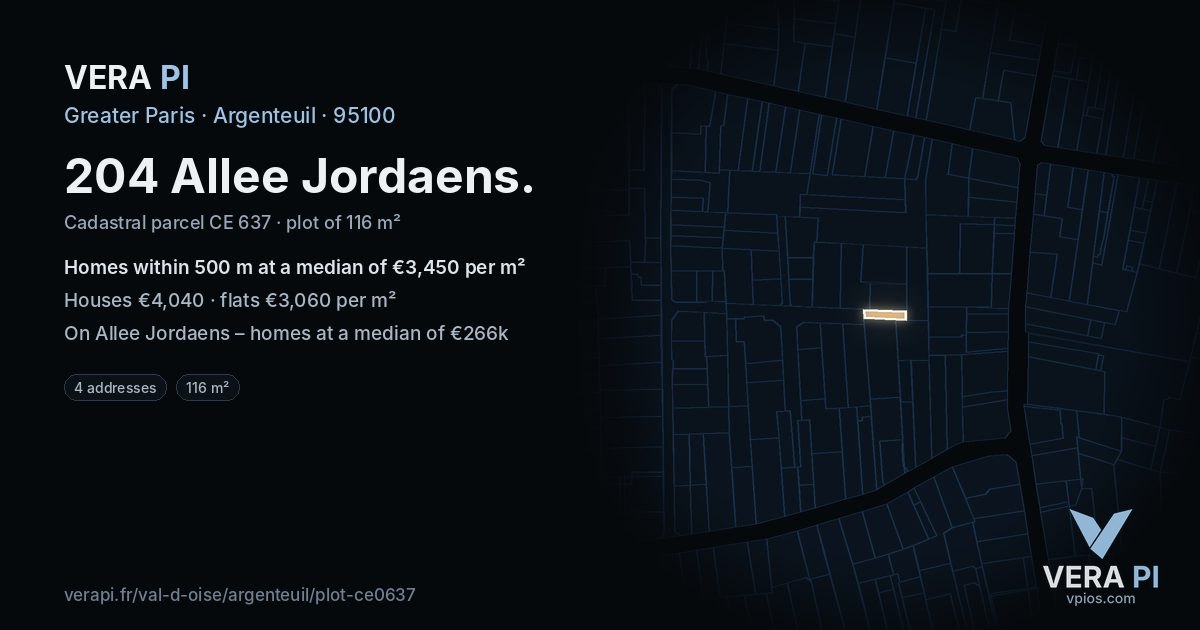 204 Allee Jordaens, Argenteuil at night – the plot lit, the parcels around coloured by the prices near them