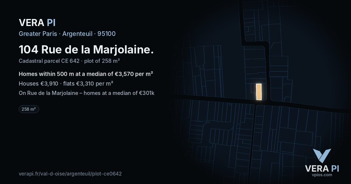 104 Rue de la Marjolaine, Argenteuil at night – the plot lit, the parcels around coloured by the prices near them