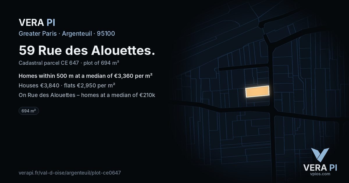 59 Rue des Alouettes, Argenteuil at night – the plot lit, the parcels around coloured by the prices near them