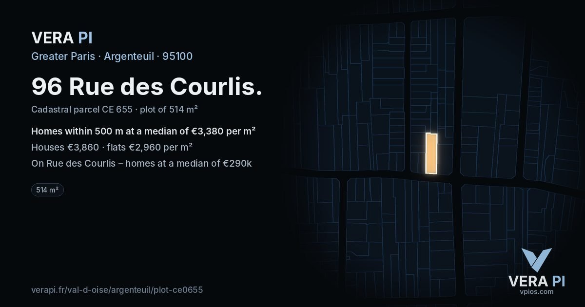 96 Rue des Courlis, Argenteuil at night – the plot lit, the parcels around coloured by the prices near them