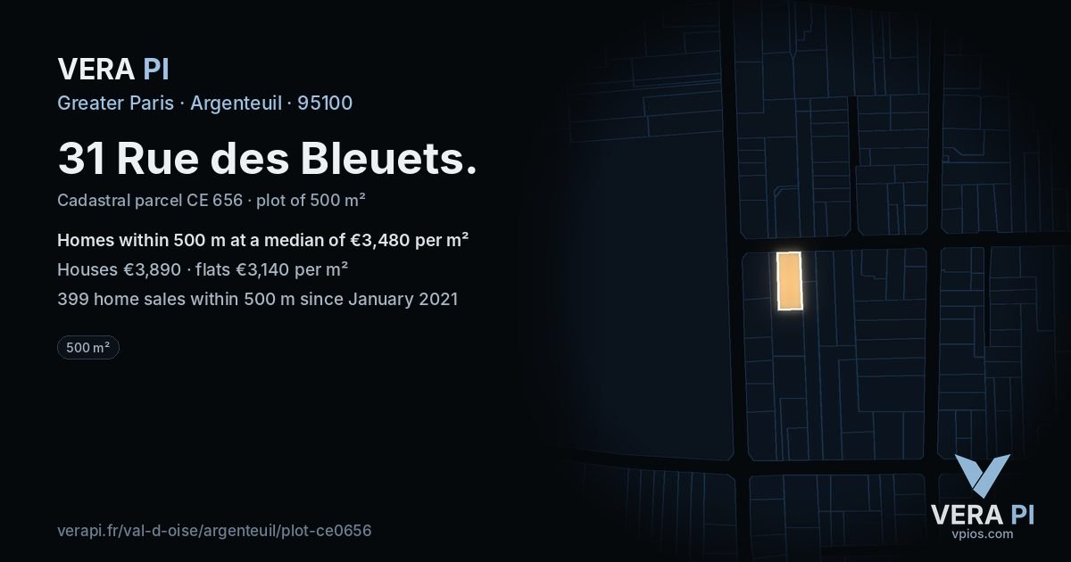 31 Rue des Bleuets, Argenteuil at night – the plot lit, the parcels around coloured by the prices near them