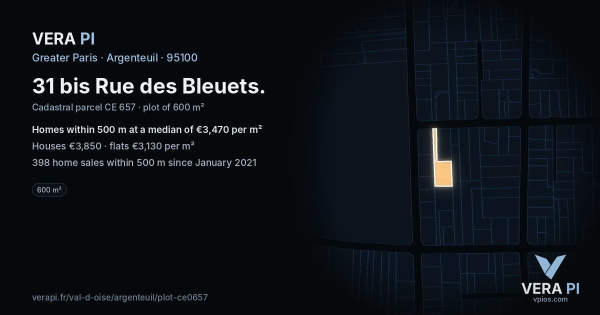 31 bis Rue des Bleuets, Argenteuil at night – the plot lit, the parcels around coloured by the prices near them