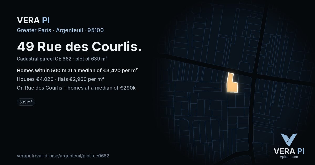 49 Rue des Courlis, Argenteuil at night – the plot lit, the parcels around coloured by the prices near them