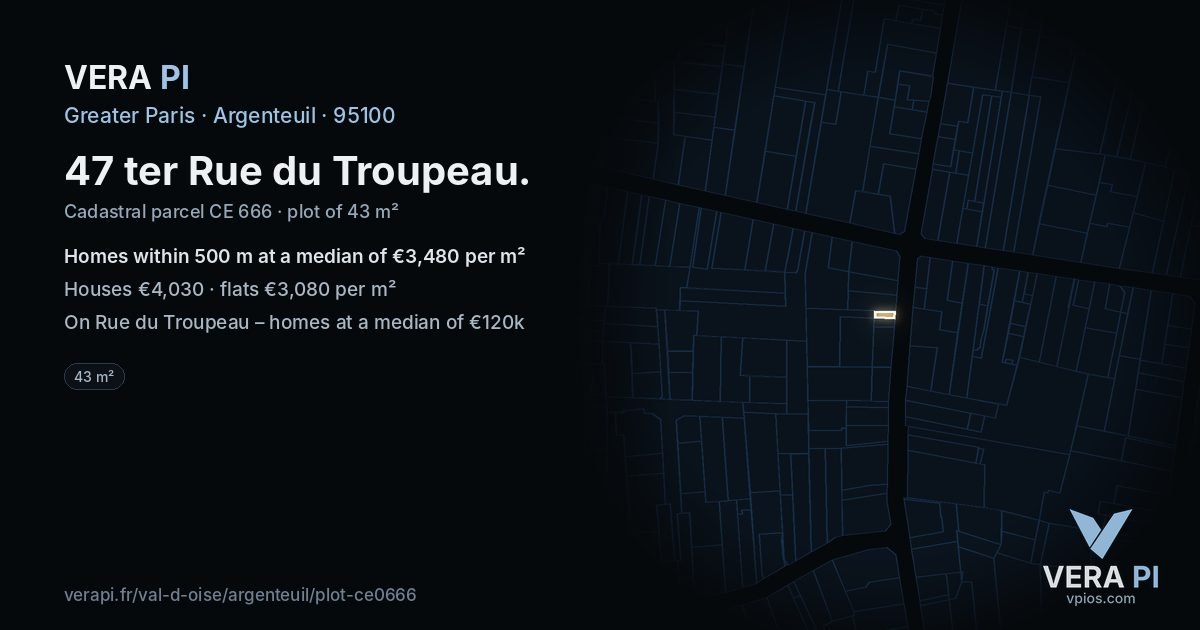 47 ter Rue du Troupeau, Argenteuil at night – the plot lit, the parcels around coloured by the prices near them