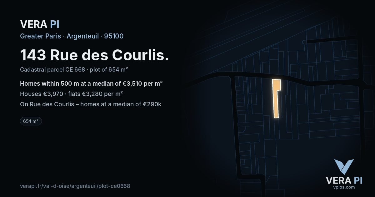 143 Rue des Courlis, Argenteuil at night – the plot lit, the parcels around coloured by the prices near them