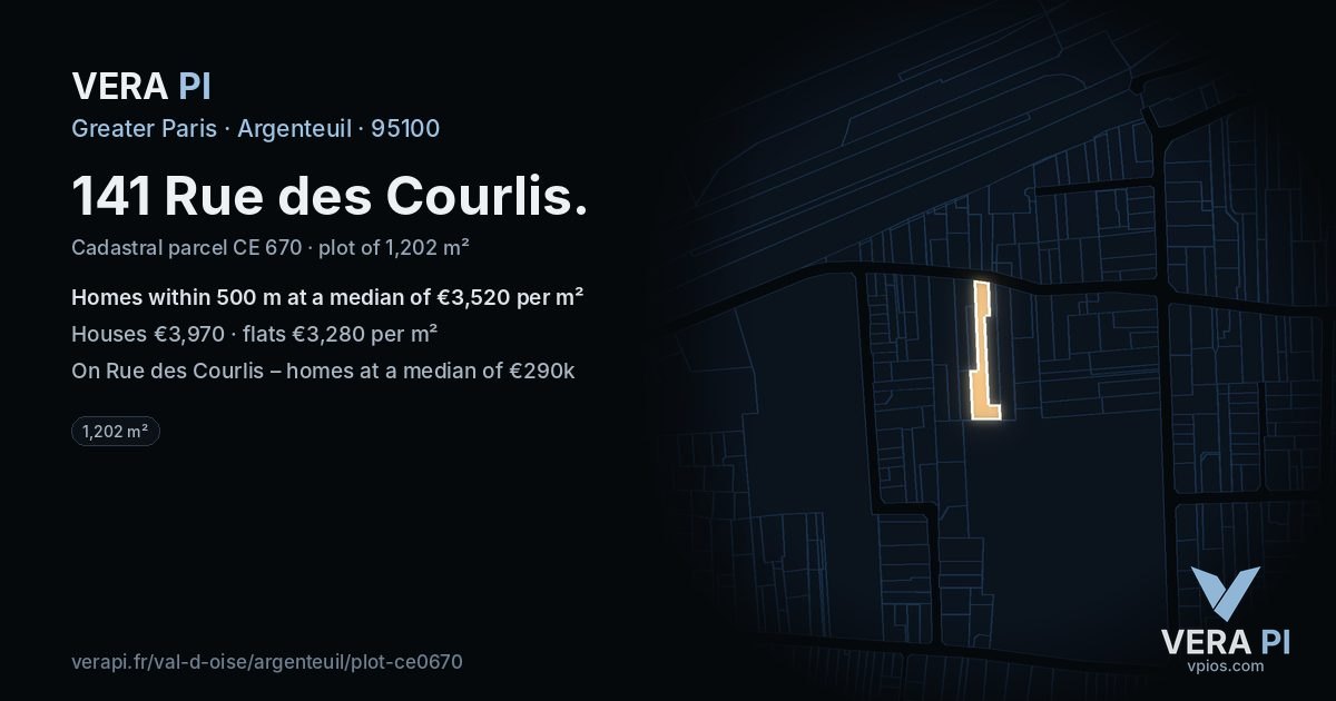 141 Rue des Courlis, Argenteuil at night – the plot lit, the parcels around coloured by the prices near them