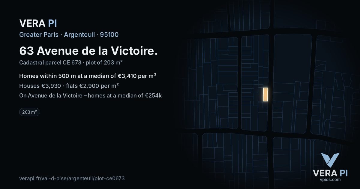 63 Avenue de la Victoire, Argenteuil at night – the plot lit, the parcels around coloured by the prices near them