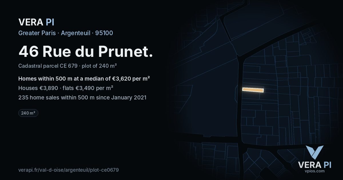 46 Rue du Prunet, Argenteuil at night – the plot lit, the parcels around coloured by the prices near them
