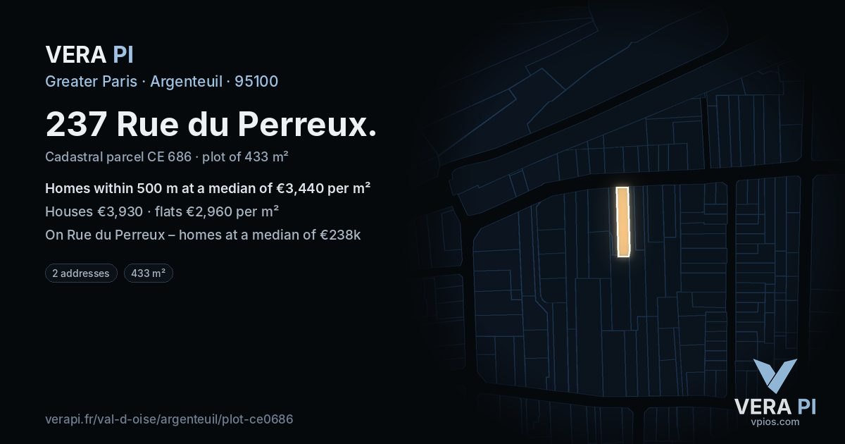 237 Rue du Perreux, Argenteuil at night – the plot lit, the parcels around coloured by the prices near them