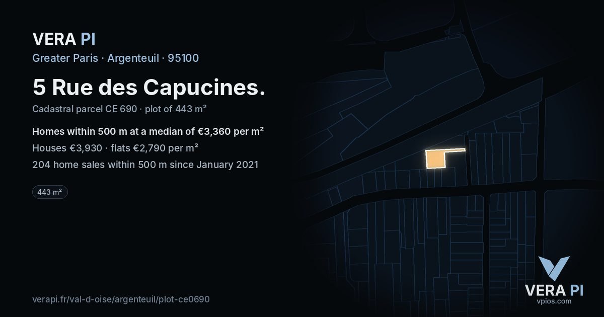 5 Rue des Capucines, Argenteuil at night – the plot lit, the parcels around coloured by the prices near them