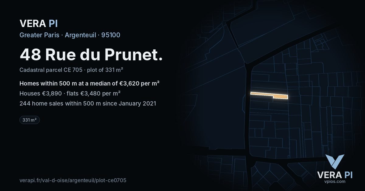 48 Rue du Prunet, Argenteuil at night – the plot lit, the parcels around coloured by the prices near them