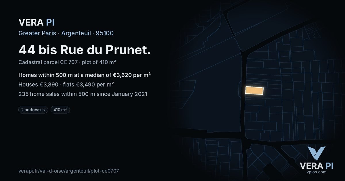 44 bis Rue du Prunet, Argenteuil at night – the plot lit, the parcels around coloured by the prices near them