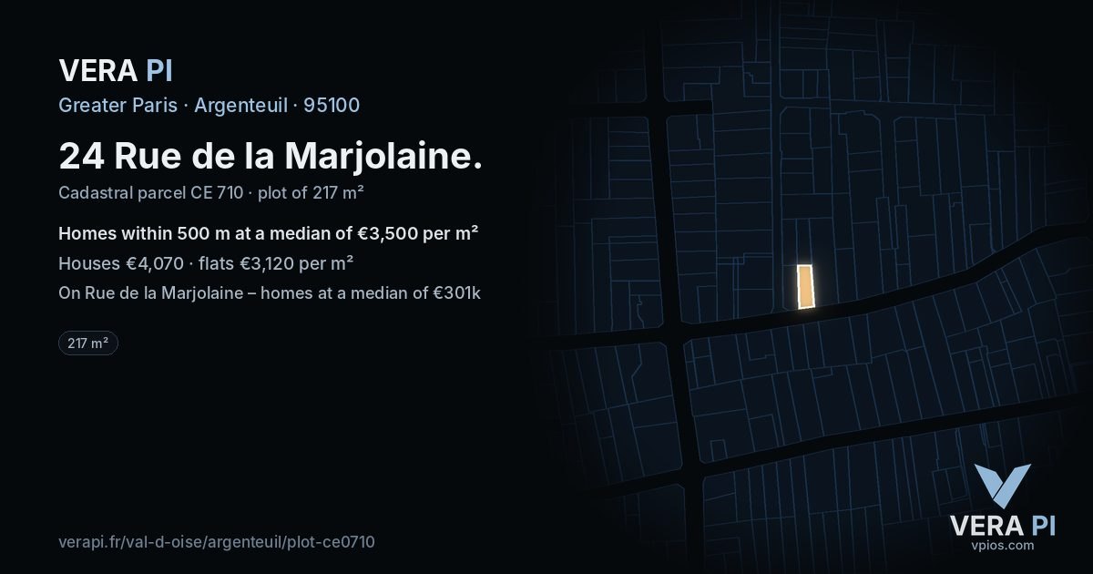 24 Rue de la Marjolaine, Argenteuil at night – the plot lit, the parcels around coloured by the prices near them