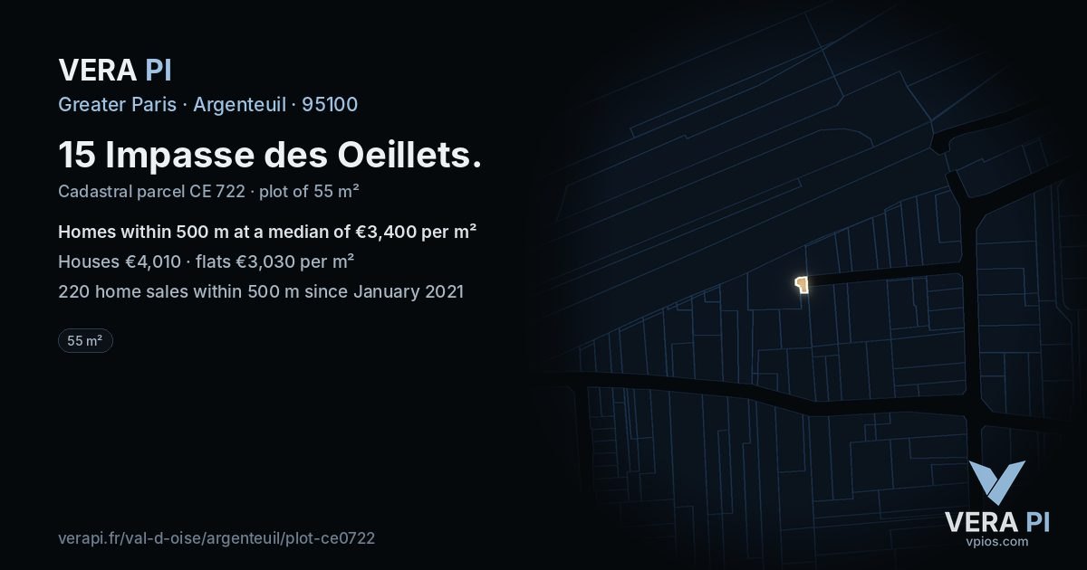 15 Impasse des Oeillets, Argenteuil at night – the plot lit, the parcels around coloured by the prices near them