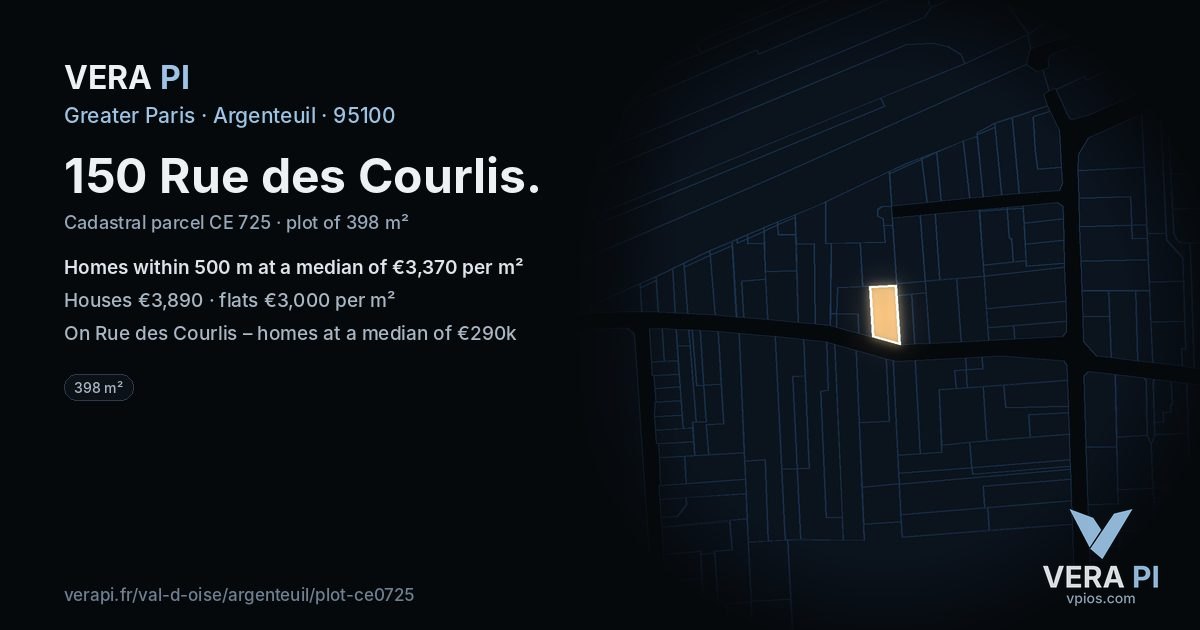 150 Rue des Courlis, Argenteuil at night – the plot lit, the parcels around coloured by the prices near them