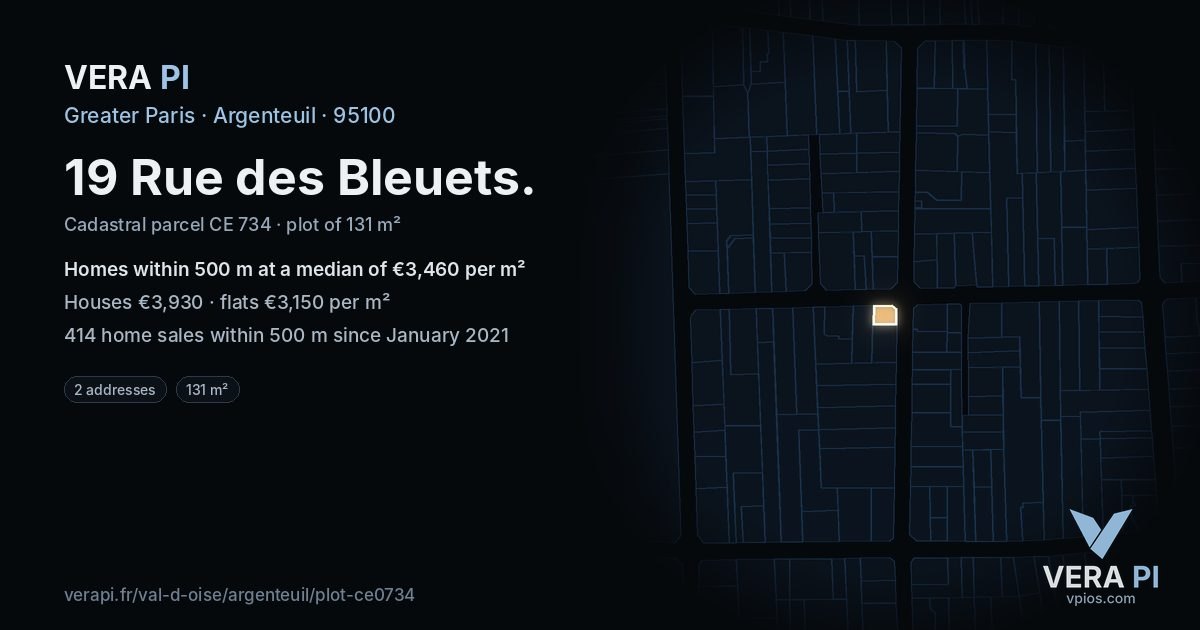 19 Rue des Bleuets, Argenteuil at night – the plot lit, the parcels around coloured by the prices near them