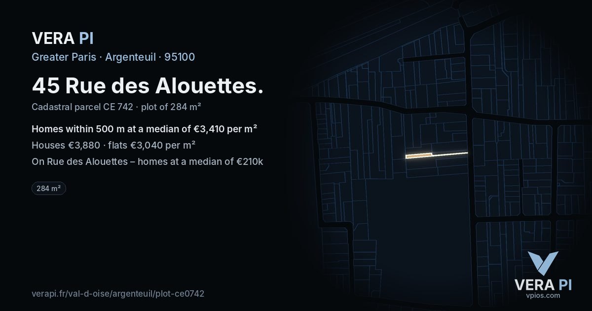 45 Rue des Alouettes, Argenteuil at night – the plot lit, the parcels around coloured by the prices near them