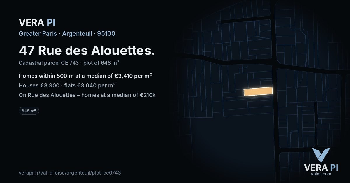 47 Rue des Alouettes, Argenteuil at night – the plot lit, the parcels around coloured by the prices near them
