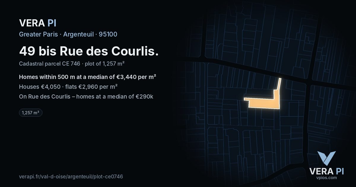 49 bis Rue des Courlis, Argenteuil at night – the plot lit, the parcels around coloured by the prices near them