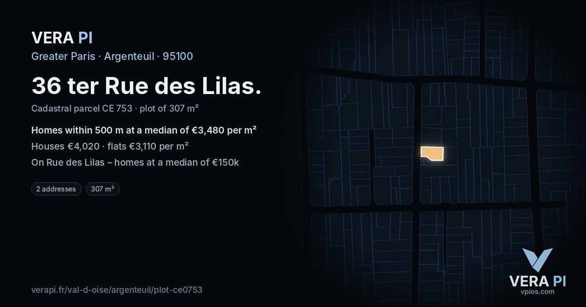 36 ter Rue des Lilas, Argenteuil at night – the plot lit, the parcels around coloured by the prices near them