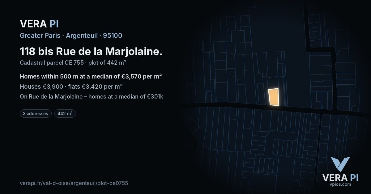 118 bis Rue de la Marjolaine, Argenteuil at night – the plot lit, the parcels around coloured by the prices near them