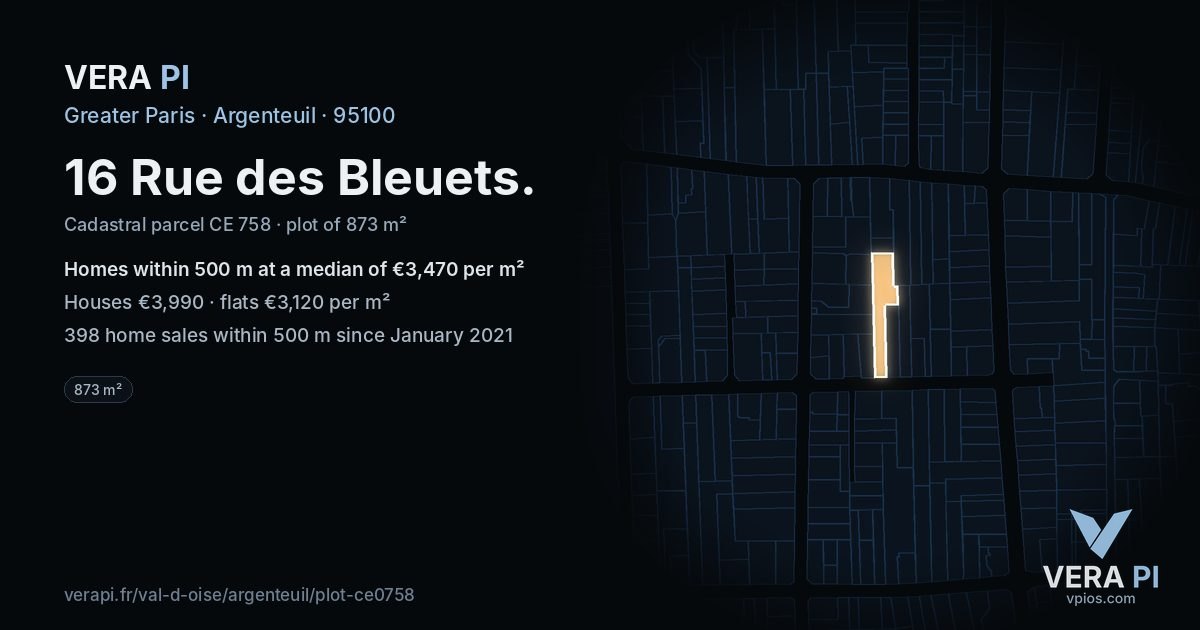 16 Rue des Bleuets, Argenteuil at night – the plot lit, the parcels around coloured by the prices near them