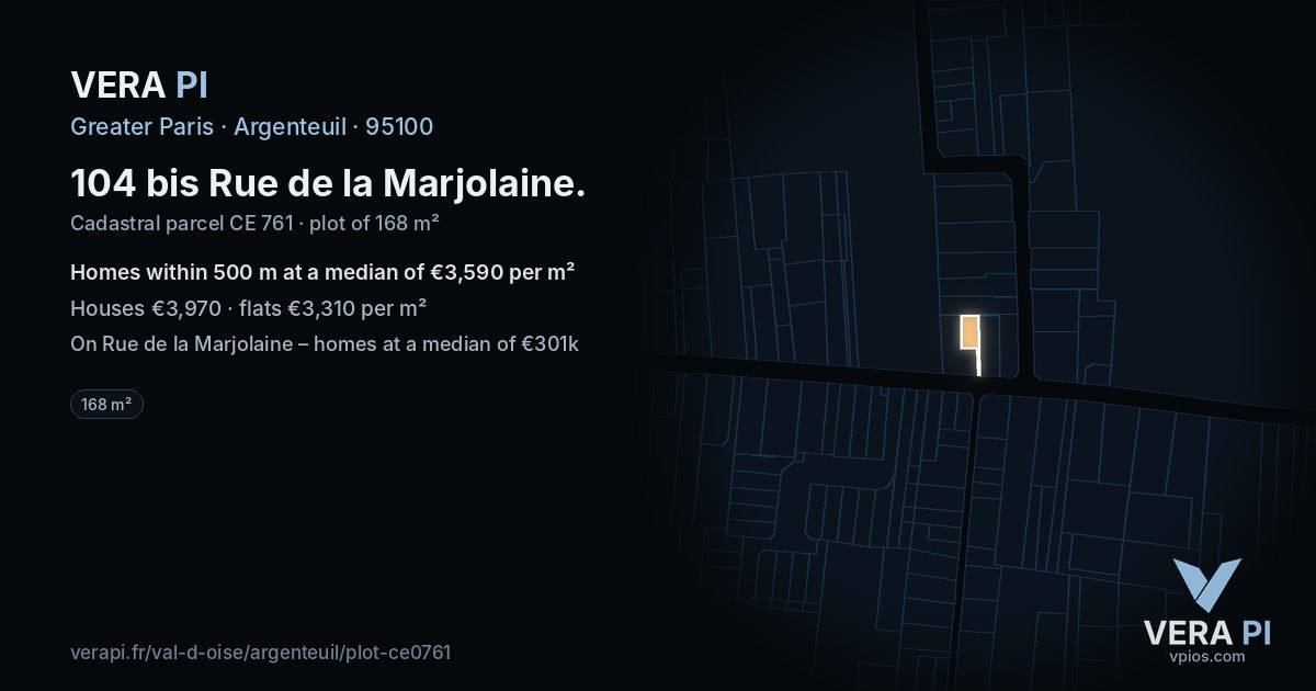 104 bis Rue de la Marjolaine, Argenteuil at night – the plot lit, the parcels around coloured by the prices near them