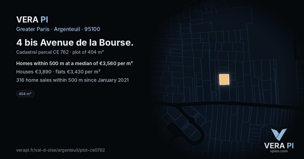 4 bis Avenue de la Bourse, Argenteuil at night – the plot lit, the parcels around coloured by the prices near them